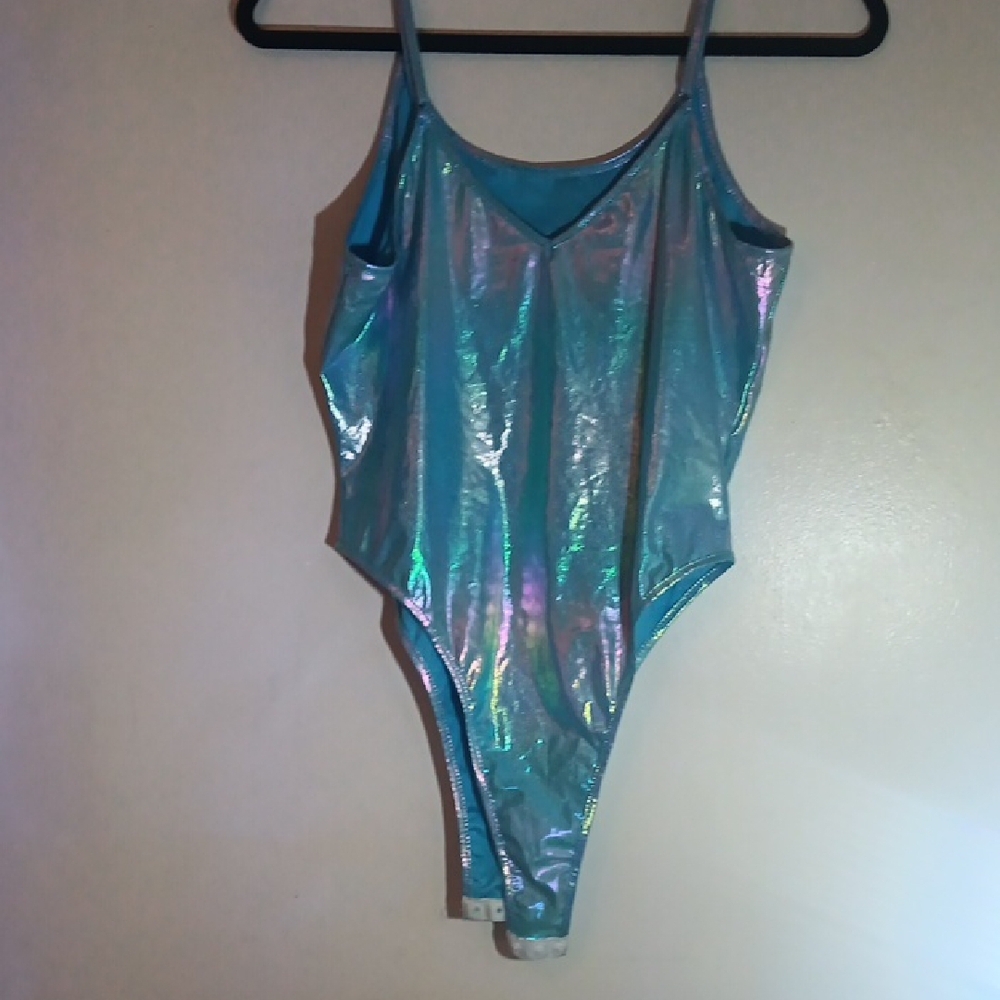 Iridescent Blue-Green Metallic Bodysuit with Spaghetti Straps